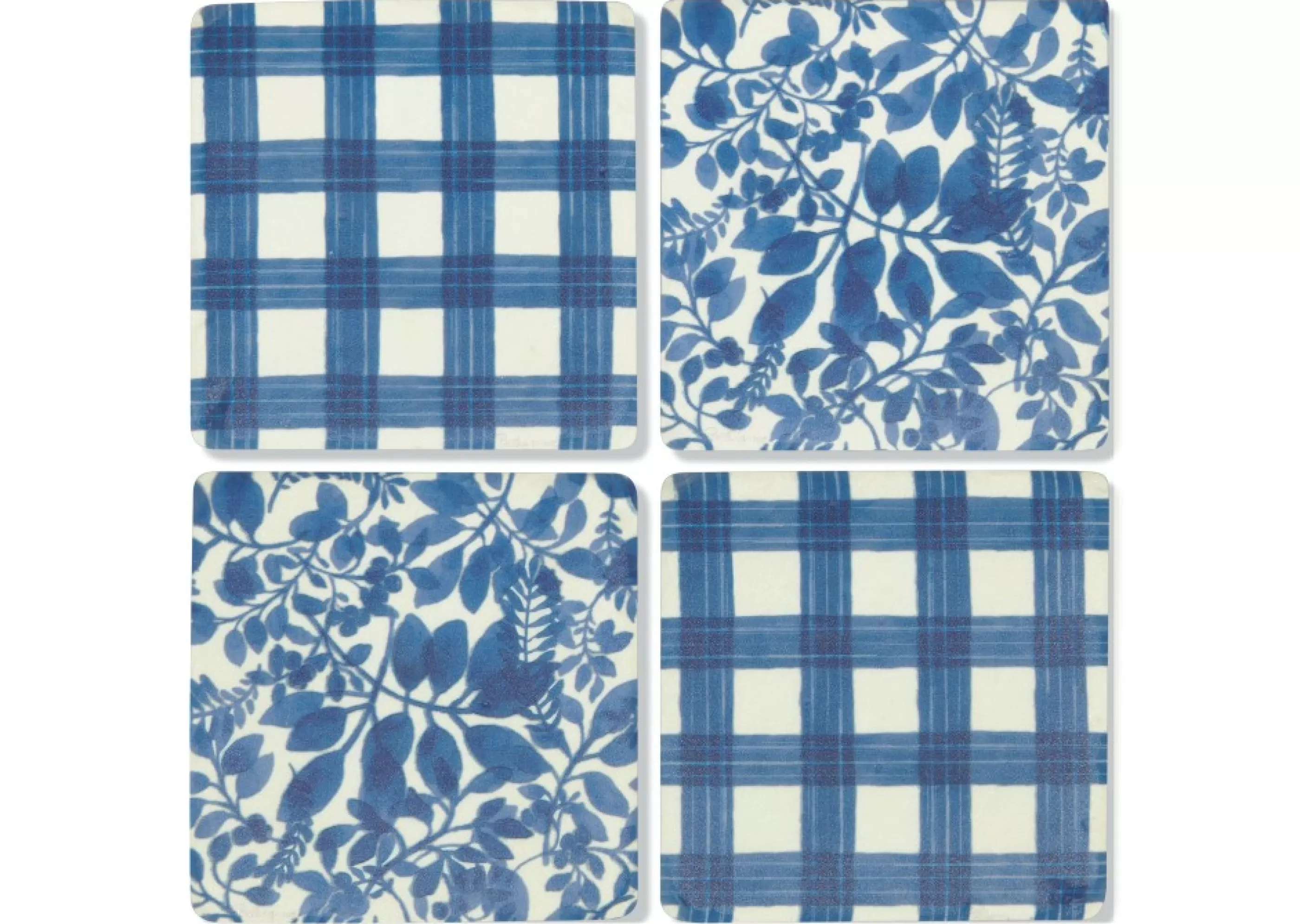 unavailable Table Linens*Floral/Plaid Coaster Set Blue